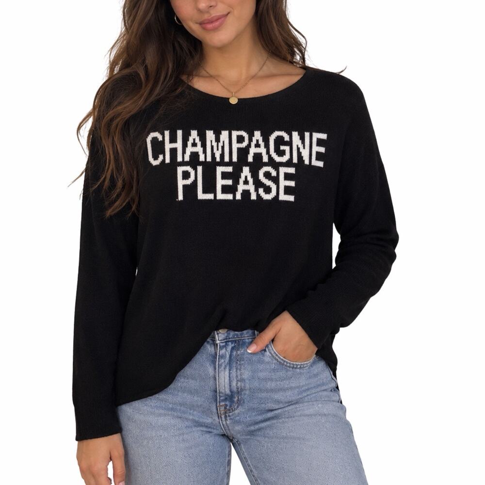 Women’s Champagne Please Black Sweater Size M 100% Cotton Long Sleeve Knit